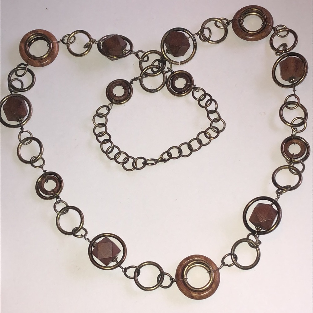 Elegant Brass Tone Brown Circular Link Boho Necklace